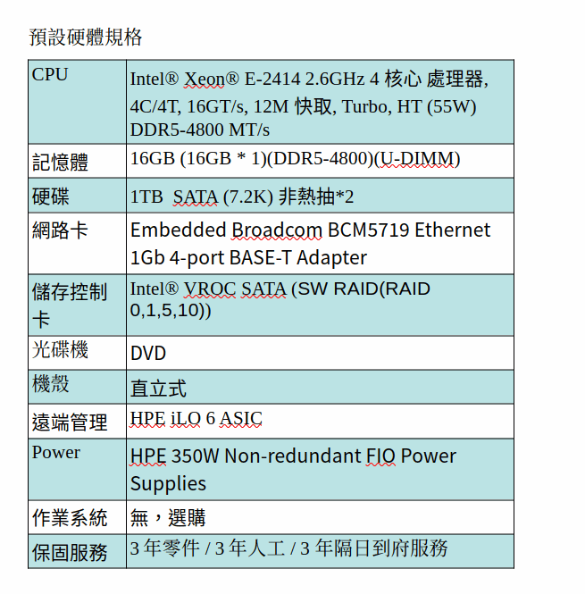 HPE ML30G11 伺服器 (XEON E-2414/16GB RAM/1TB HD*2 非熱抽)